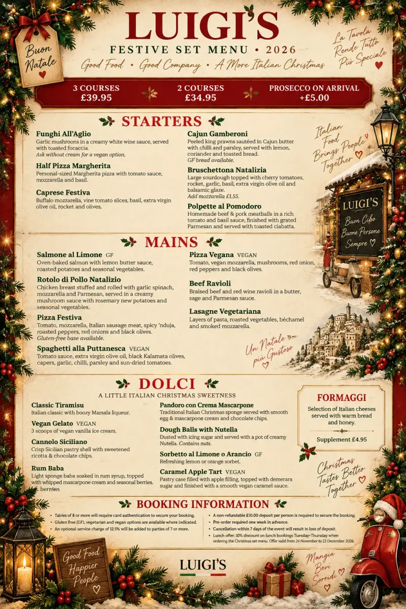 The printed Luigi’s Festive Set Menu 2026, with starters, mains and dolci, framed in holly and fairy lights